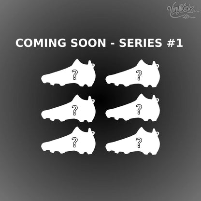 Coming soon announcement with six mystery miniature vinyl soccer shoe silhouettes, Series 1.